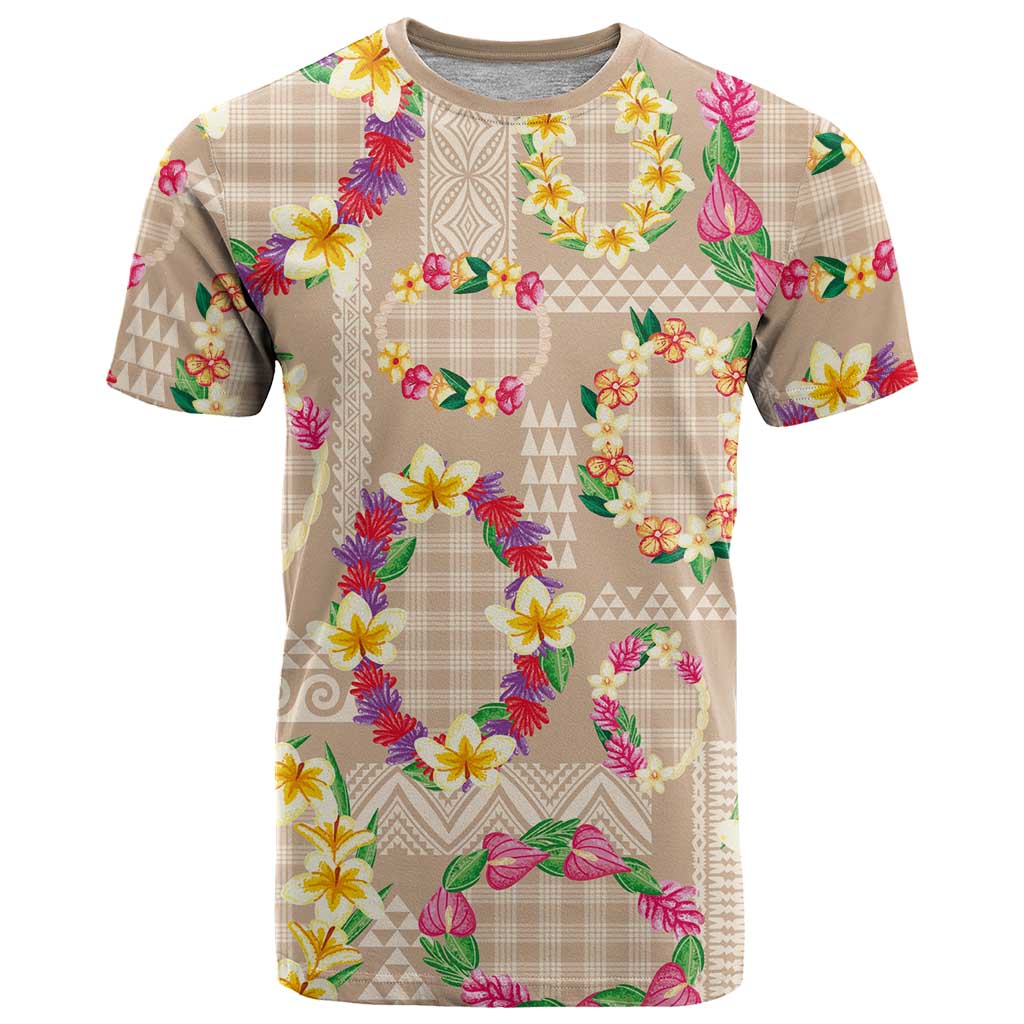 Hawaiian Kakau Tattoo Leis and Palaka Pattern T Shirt Traditional Aloha Tribal Beige Color