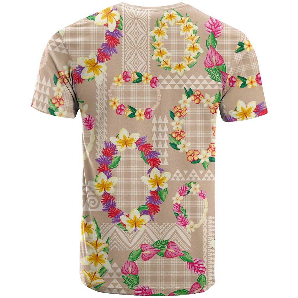 Hawaiian Kakau Tattoo Leis and Palaka Pattern T Shirt Traditional Aloha Tribal Beige Color