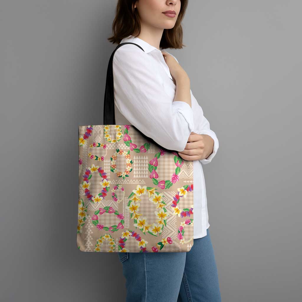 Hawaiian Kakau Tattoo Leis and Palaka Pattern Tote Bag Traditional Aloha Tribal Beige Color