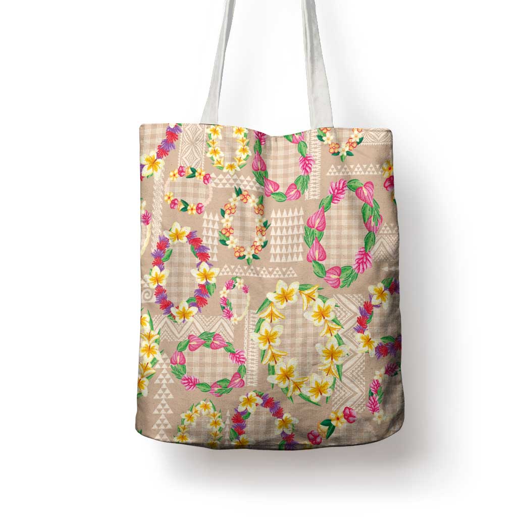 Hawaiian Kakau Tattoo Leis and Palaka Pattern Tote Bag Traditional Aloha Tribal Beige Color