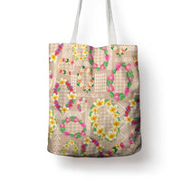 Hawaiian Kakau Tattoo Leis and Palaka Pattern Tote Bag Traditional Aloha Tribal Beige Color