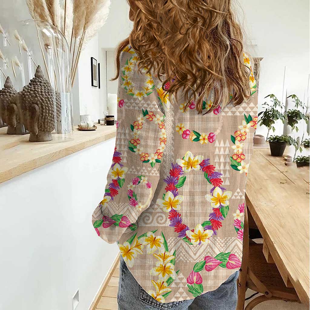 Hawaiian Kakau Tattoo Leis and Palaka Pattern Women Casual Shirt Traditional Aloha Tribal Beige Color