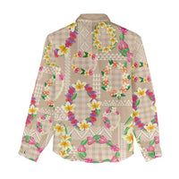 Hawaiian Kakau Tattoo Leis and Palaka Pattern Women Casual Shirt Traditional Aloha Tribal Beige Color