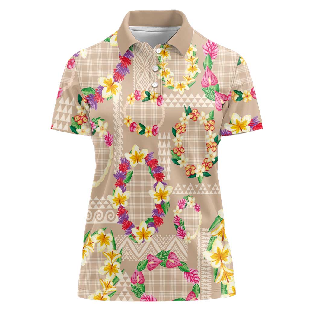Hawaiian Kakau Tattoo Leis and Palaka Pattern Women Polo Shirt Traditional Aloha Tribal Beige Color LT03 Female Beige - Polynesian Pride