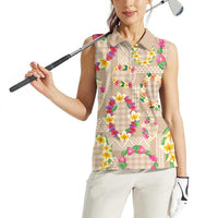 Hawaiian Kakau Tattoo Leis and Palaka Pattern Women Sleeveless Polo Shirt Traditional Aloha Tribal Beige Color