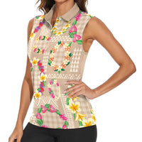 Hawaiian Kakau Tattoo Leis and Palaka Pattern Women Sleeveless Polo Shirt Traditional Aloha Tribal Beige Color