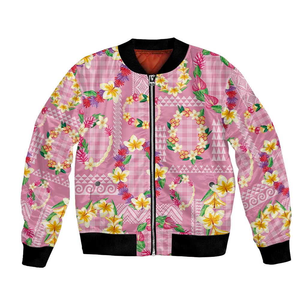 Hawaiian Leis Bomber Jacket Kakau Tattoos and Palaka Pastel Pink Color LT03 Unisex Pink - Polynesian Pride