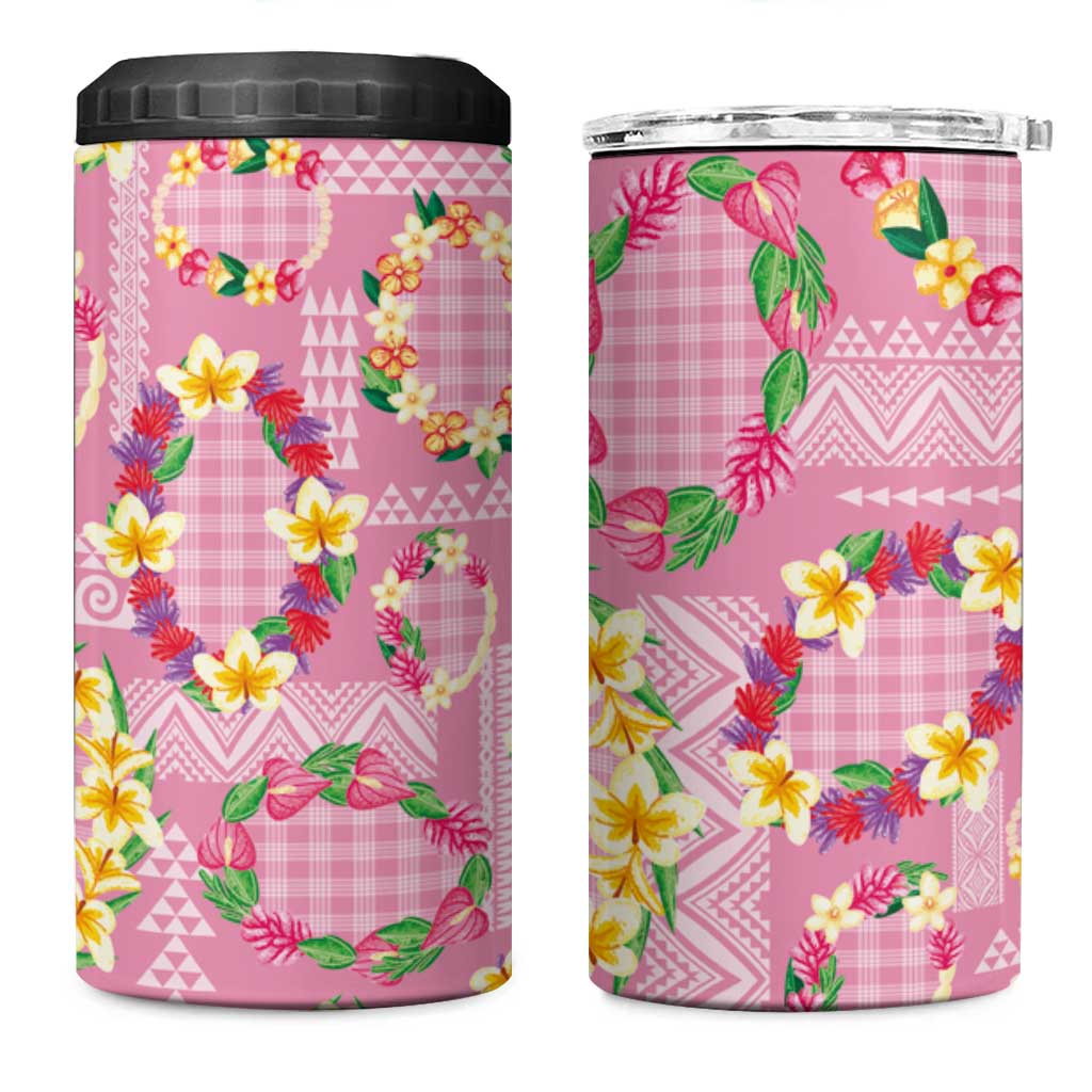 Hawaiian Leis 4 in 1 Can Cooler Tumbler Kakau Tattoos and Palaka Pastel Pink Color