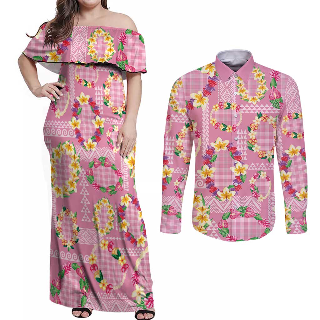 Hawaiian Leis Couples Matching Off Shoulder Maxi Dress and Long Sleeve Button Shirt Kakau Tattoos and Palaka Pastel Pink Color LT03 Pink - Polynesian Pride