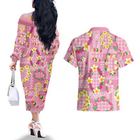 Hawaiian Leis Couples Matching Off The Shoulder Long Sleeve Dress and Hawaiian Shirt Kakau Tattoos and Palaka Pastel Pink Color