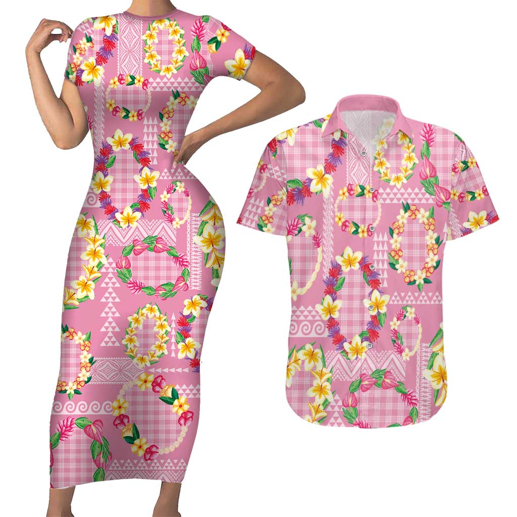 Hawaiian Leis Couples Matching Short Sleeve Bodycon Dress and Hawaiian Shirt Kakau Tattoos and Palaka Pastel Pink Color LT03 Pink - Polynesian Pride