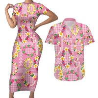 Hawaiian Leis Couples Matching Short Sleeve Bodycon Dress and Hawaiian Shirt Kakau Tattoos and Palaka Pastel Pink Color