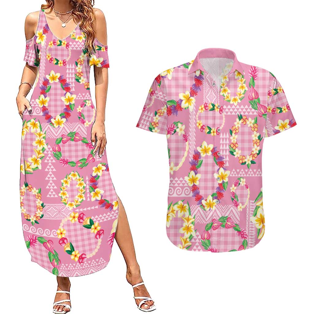 Hawaiian Leis Couples Matching Summer Maxi Dress and Hawaiian Shirt Kakau Tattoos and Palaka Pastel Pink Color LT03 Pink - Polynesian Pride