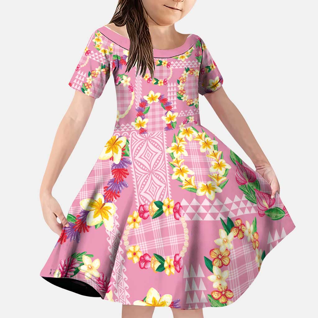Hawaiian Leis Family Matching Long Sleeve Bodycon Dress and Hawaiian Shirt Kakau Tattoos and Palaka Pastel Pink Color