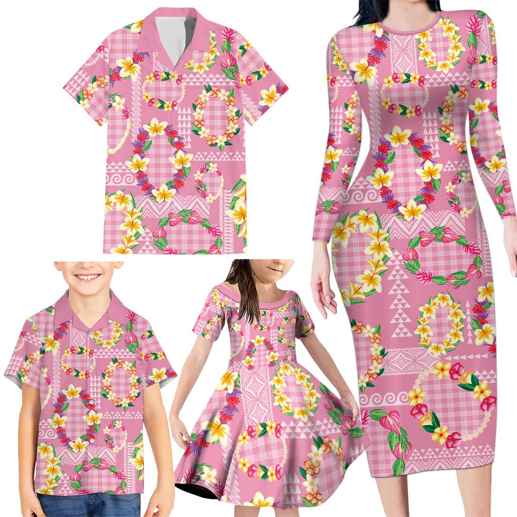 Hawaiian Leis Family Matching Long Sleeve Bodycon Dress and Hawaiian Shirt Kakau Tattoos and Palaka Pastel Pink Color