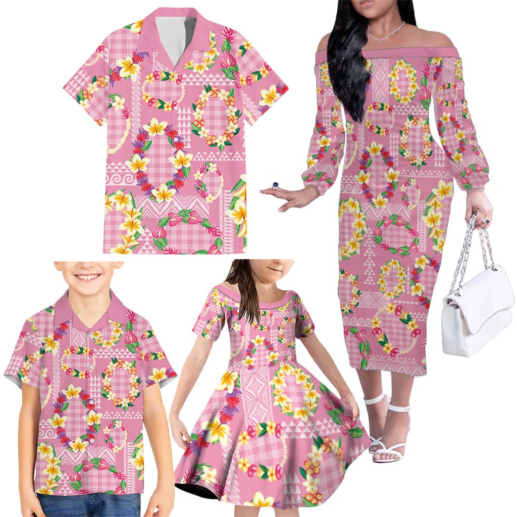 Hawaiian Leis Family Matching Off The Shoulder Long Sleeve Dress and Hawaiian Shirt Kakau Tattoos and Palaka Pastel Pink Color