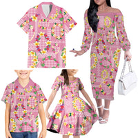 Hawaiian Leis Family Matching Off The Shoulder Long Sleeve Dress and Hawaiian Shirt Kakau Tattoos and Palaka Pastel Pink Color