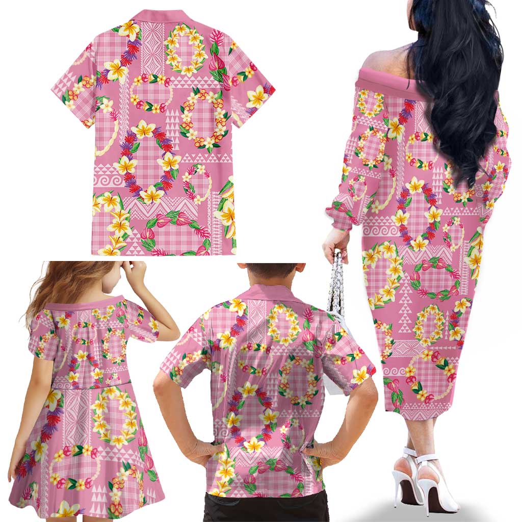 Hawaiian Leis Family Matching Off The Shoulder Long Sleeve Dress and Hawaiian Shirt Kakau Tattoos and Palaka Pastel Pink Color