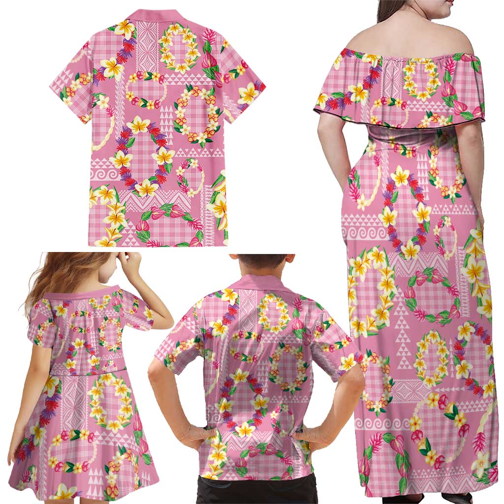 Hawaiian Leis Family Matching Off Shoulder Maxi Dress and Hawaiian Shirt Kakau Tattoos and Palaka Pastel Pink Color