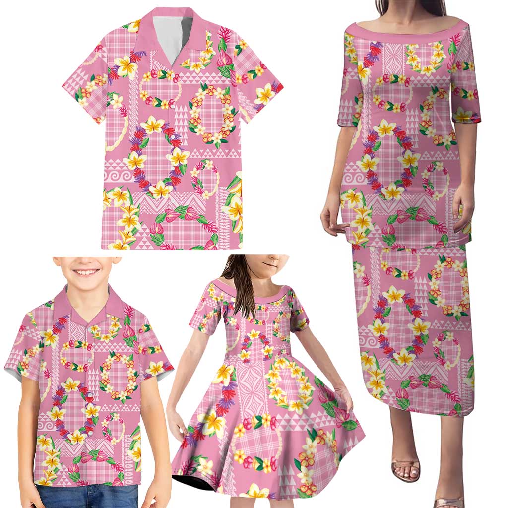 Hawaiian Leis Family Matching Puletasi and Hawaiian Shirt Kakau Tattoos and Palaka Pastel Pink Color