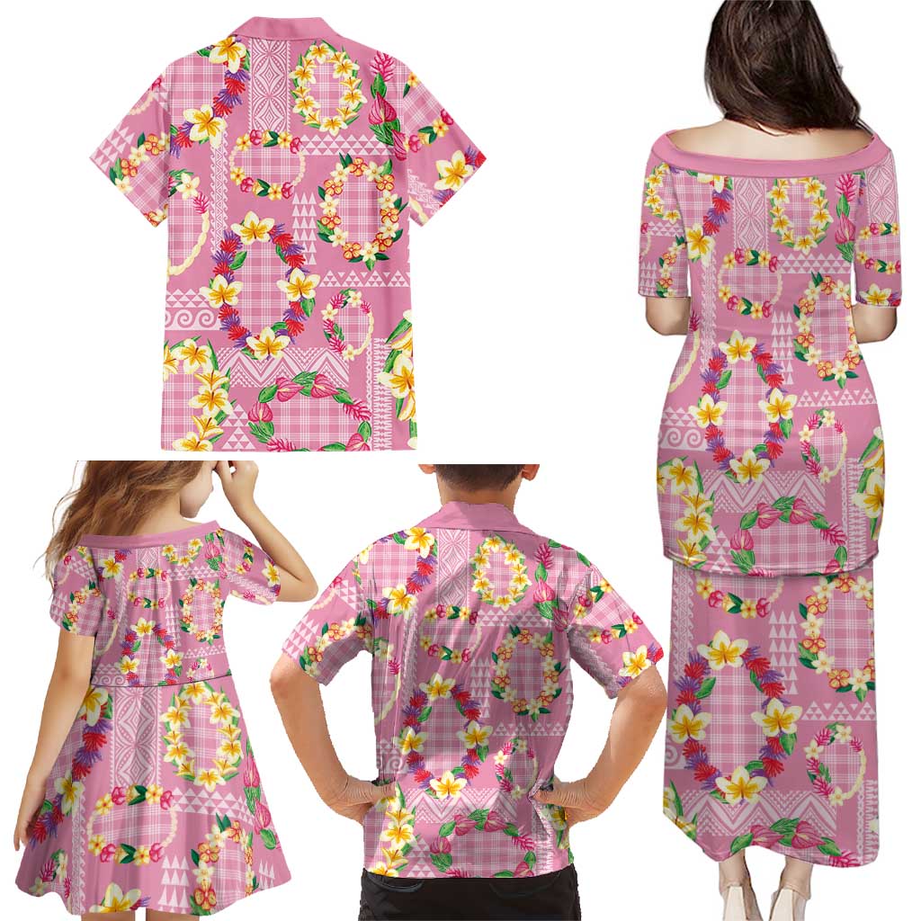 Hawaiian Leis Family Matching Puletasi and Hawaiian Shirt Kakau Tattoos and Palaka Pastel Pink Color