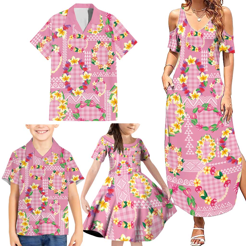 Hawaiian Leis Family Matching Summer Maxi Dress and Hawaiian Shirt Kakau Tattoos and Palaka Pastel Pink Color LT03 - Polynesian Pride
