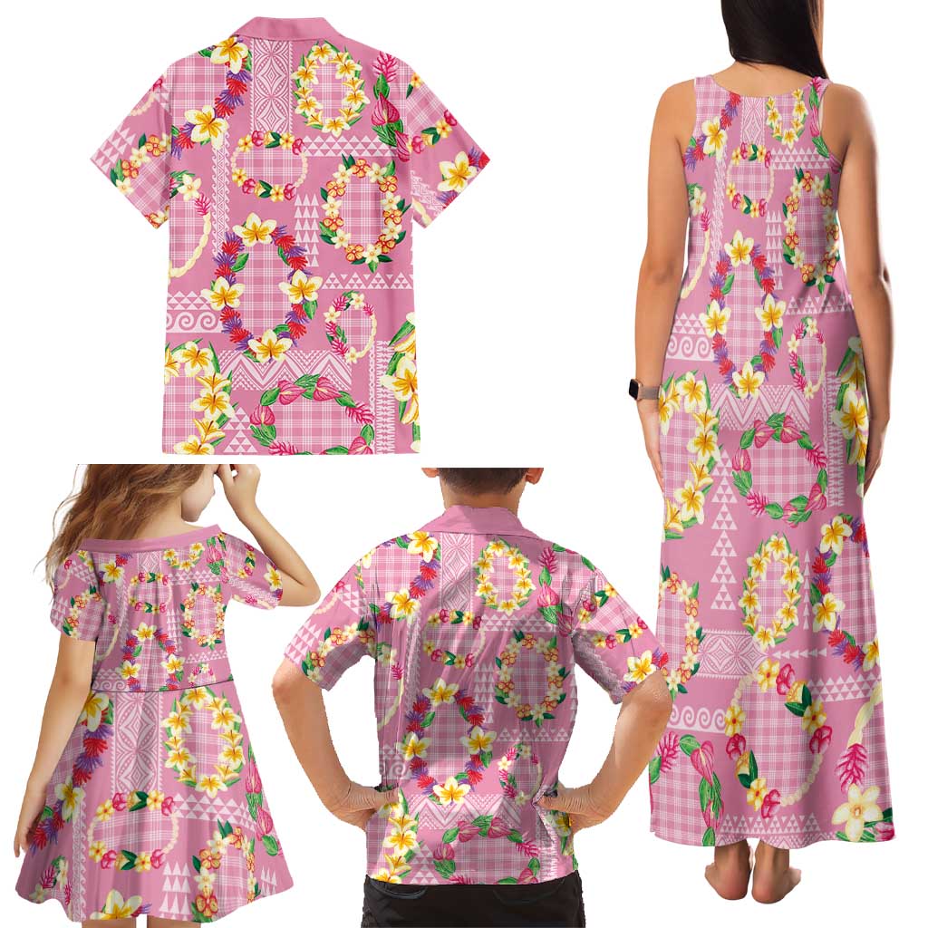 Hawaiian Leis Family Matching Tank Maxi Dress and Hawaiian Shirt Kakau Tattoos and Palaka Pastel Pink Color