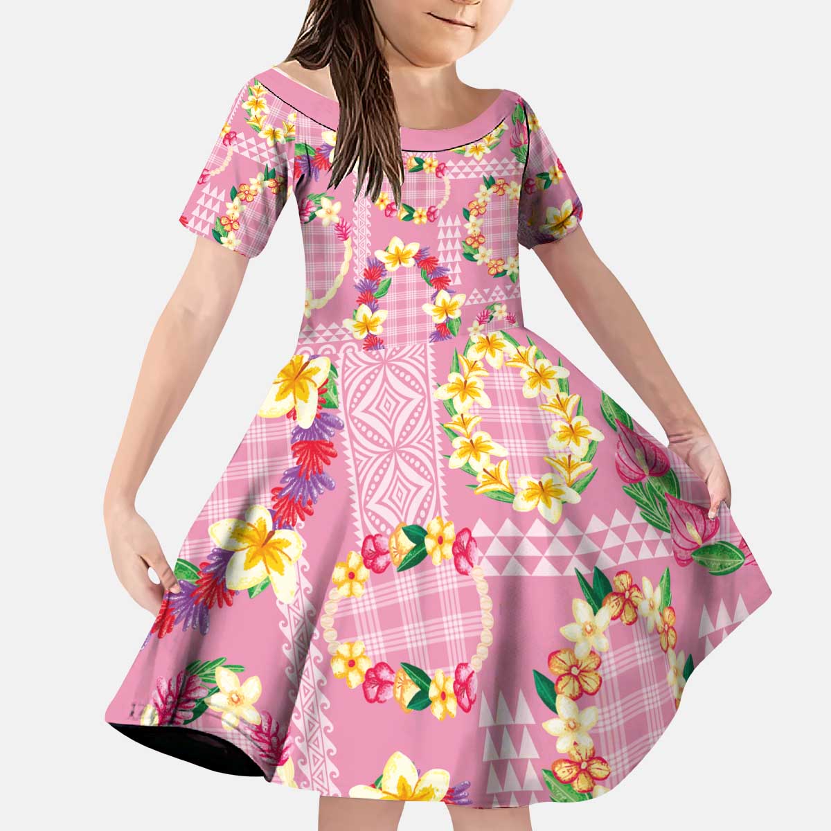Hawaiian Leis Kid Short Sleeve Dress Kakau Tattoos and Palaka Pastel Pink Color