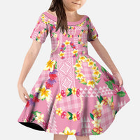 Hawaiian Leis Kid Short Sleeve Dress Kakau Tattoos and Palaka Pastel Pink Color