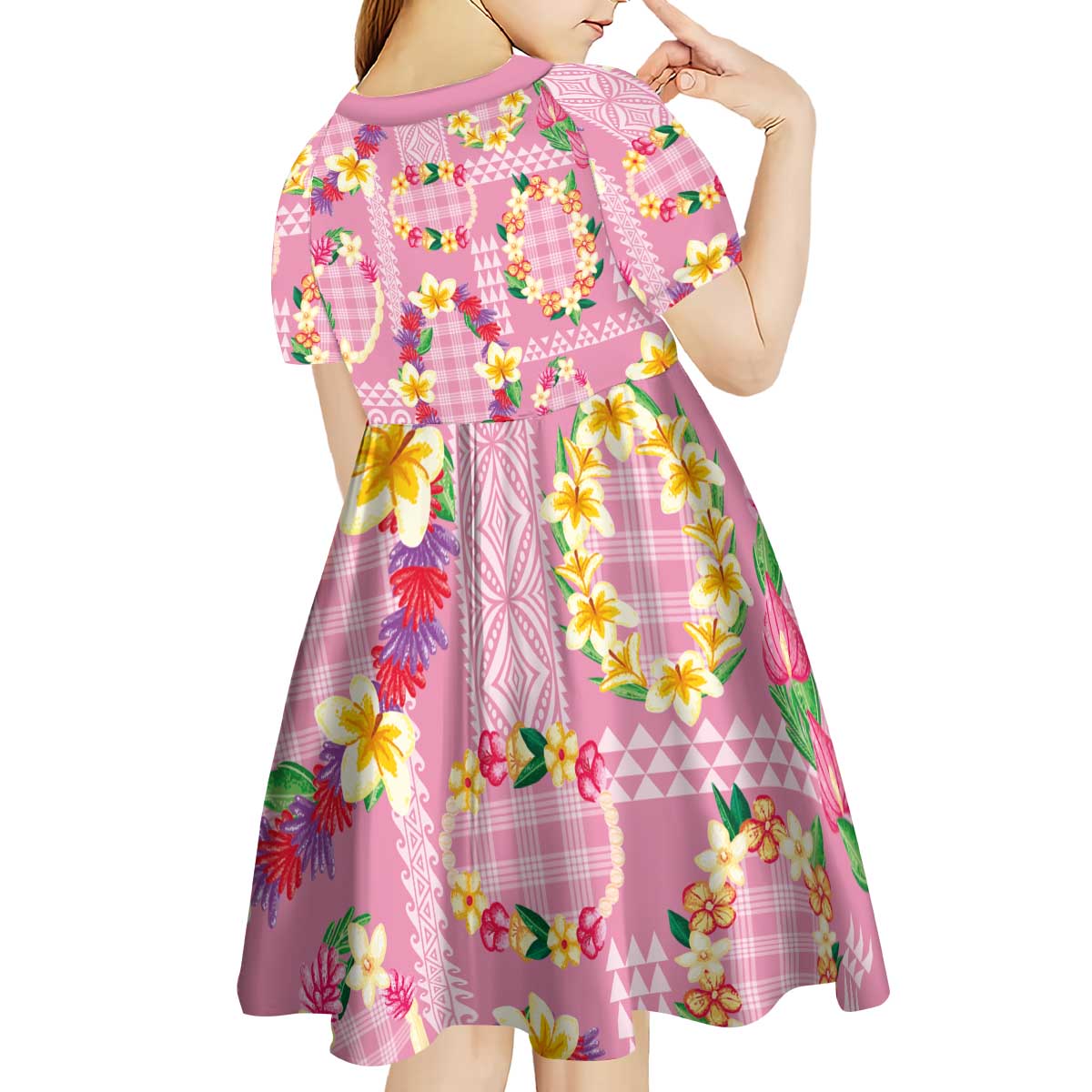 Hawaiian Leis Kid Short Sleeve Dress Kakau Tattoos and Palaka Pastel Pink Color