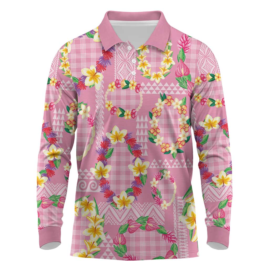 Hawaiian Leis Long Sleeve Polo Shirt Kakau Tattoos and Palaka Pastel Pink Color