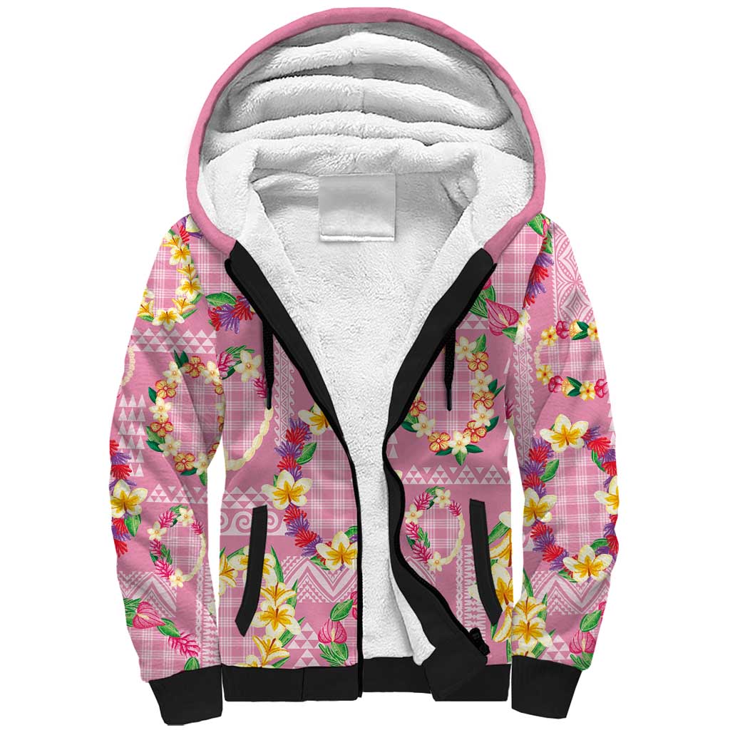 Hawaiian Leis Sherpa Hoodie Kakau Tattoos and Palaka Pastel Pink Color