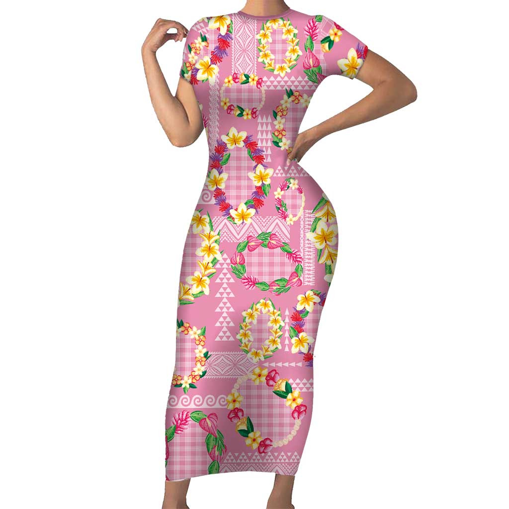 Hawaiian Leis Short Sleeve Bodycon Dress Kakau Tattoos and Palaka Pastel Pink Color