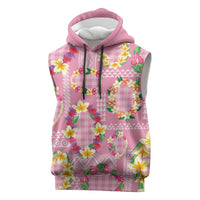 Hawaiian Leis Sleeveless Hoodie Kakau Tattoos and Palaka Pastel Pink Color
