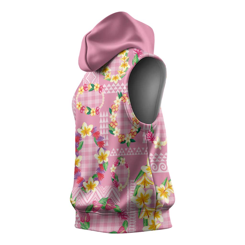 Hawaiian Leis Sleeveless Hoodie Kakau Tattoos and Palaka Pastel Pink Color