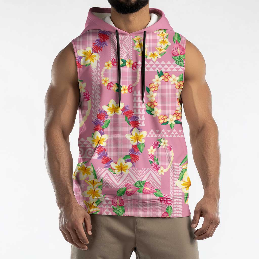Hawaiian Leis Sleeveless Hoodie Kakau Tattoos and Palaka Pastel Pink Color
