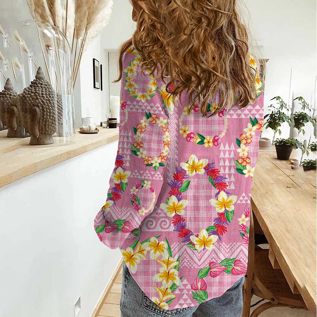 Hawaiian Leis Women Casual Shirt Kakau Tattoos and Palaka Pastel Pink Color