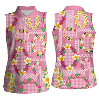 Hawaiian Leis Women Sleeveless Polo Shirt Kakau Tattoos and Palaka Pastel Pink Color