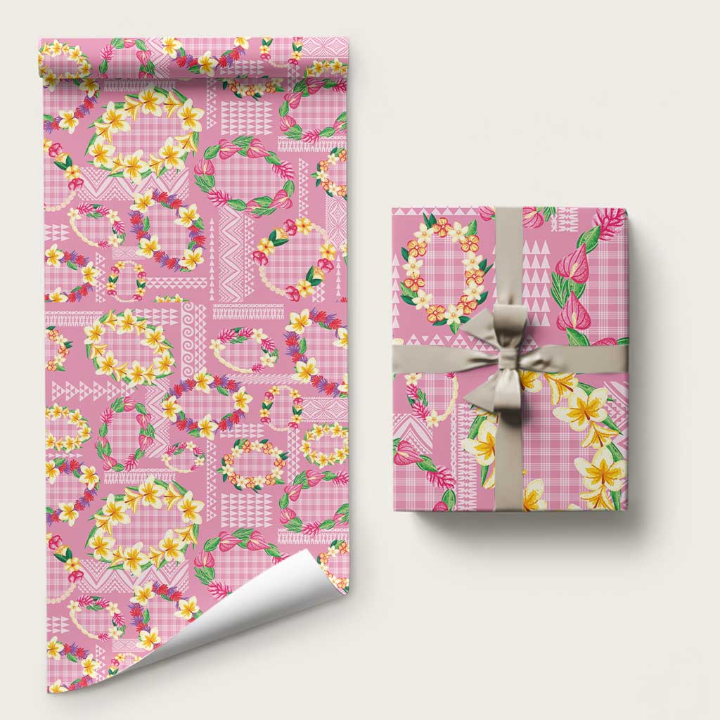 Hawaiian Leis Wrapping Paper Kakau Tattoos and Palaka Pastel Pink Color LT03 58" × 23" Pink - Polynesian Pride