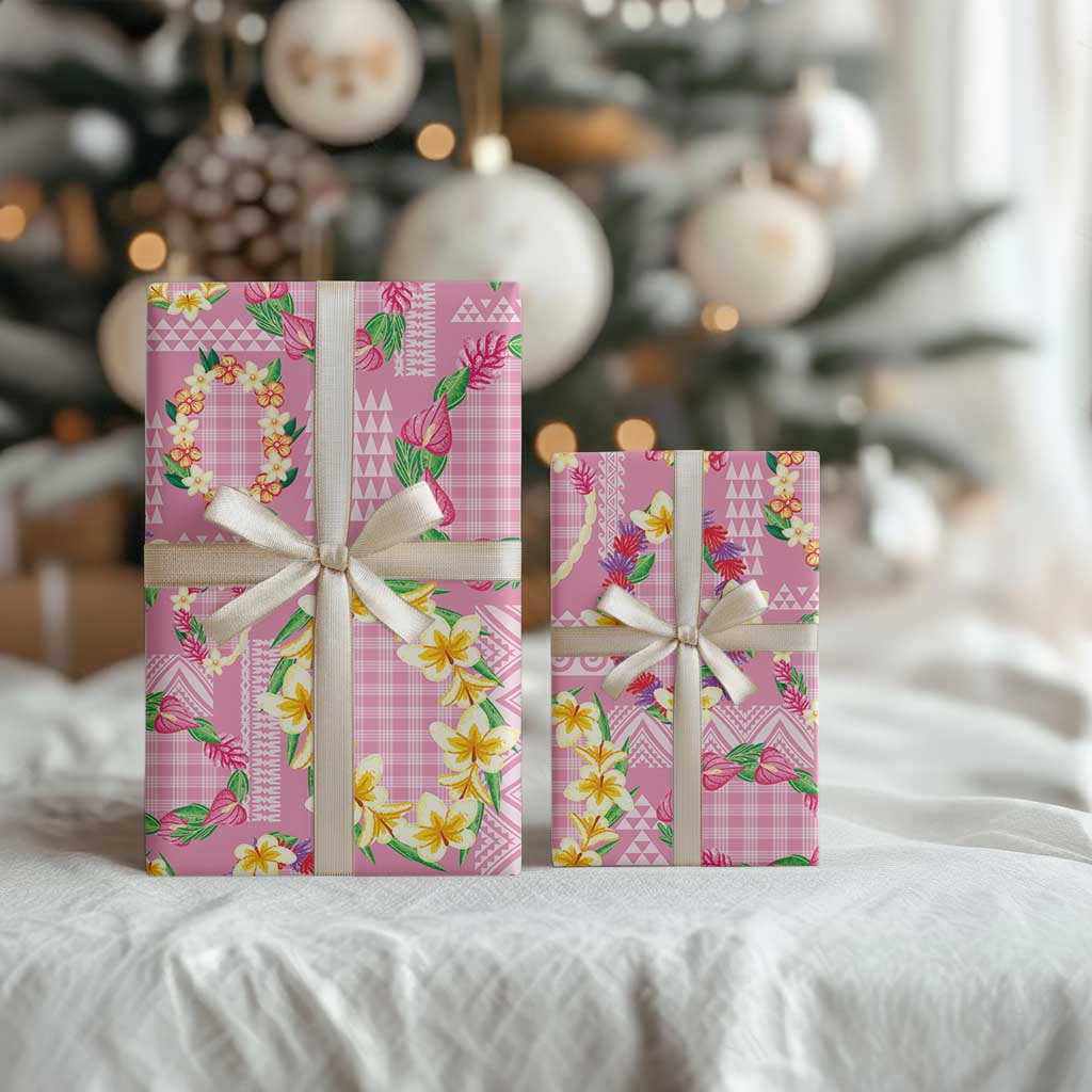 Hawaiian Leis Wrapping Paper Kakau Tattoos and Palaka Pastel Pink Color LT03 - Polynesian Pride