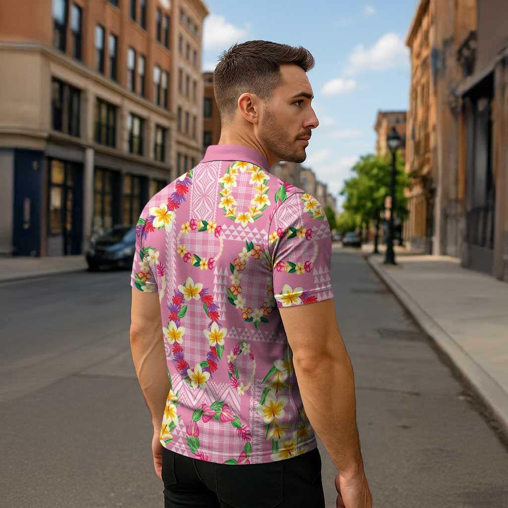 Hawaiian Leis Zipper Polo Shirt Kakau Tattoos and Palaka Pastel Pink Color
