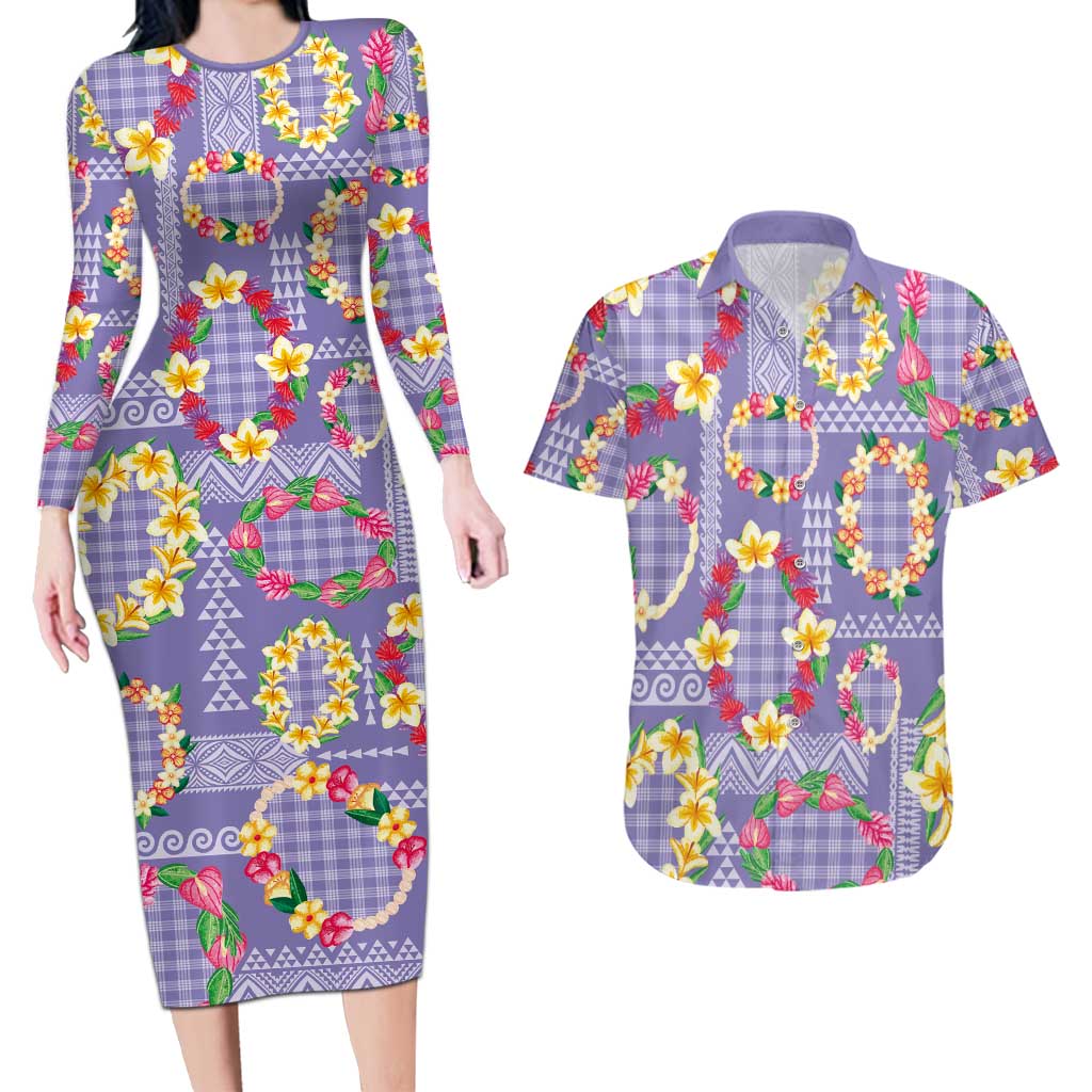 Hawaiian Leis Couples Matching Long Sleeve Bodycon Dress and Hawaiian Shirt Kakau Tattoos and Palaka Pastel Purple Color