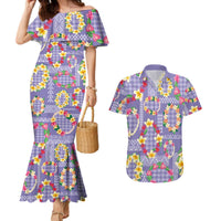 Hawaiian Leis Couples Matching Mermaid Dress and Hawaiian Shirt Kakau Tattoos and Palaka Pastel Purple Color