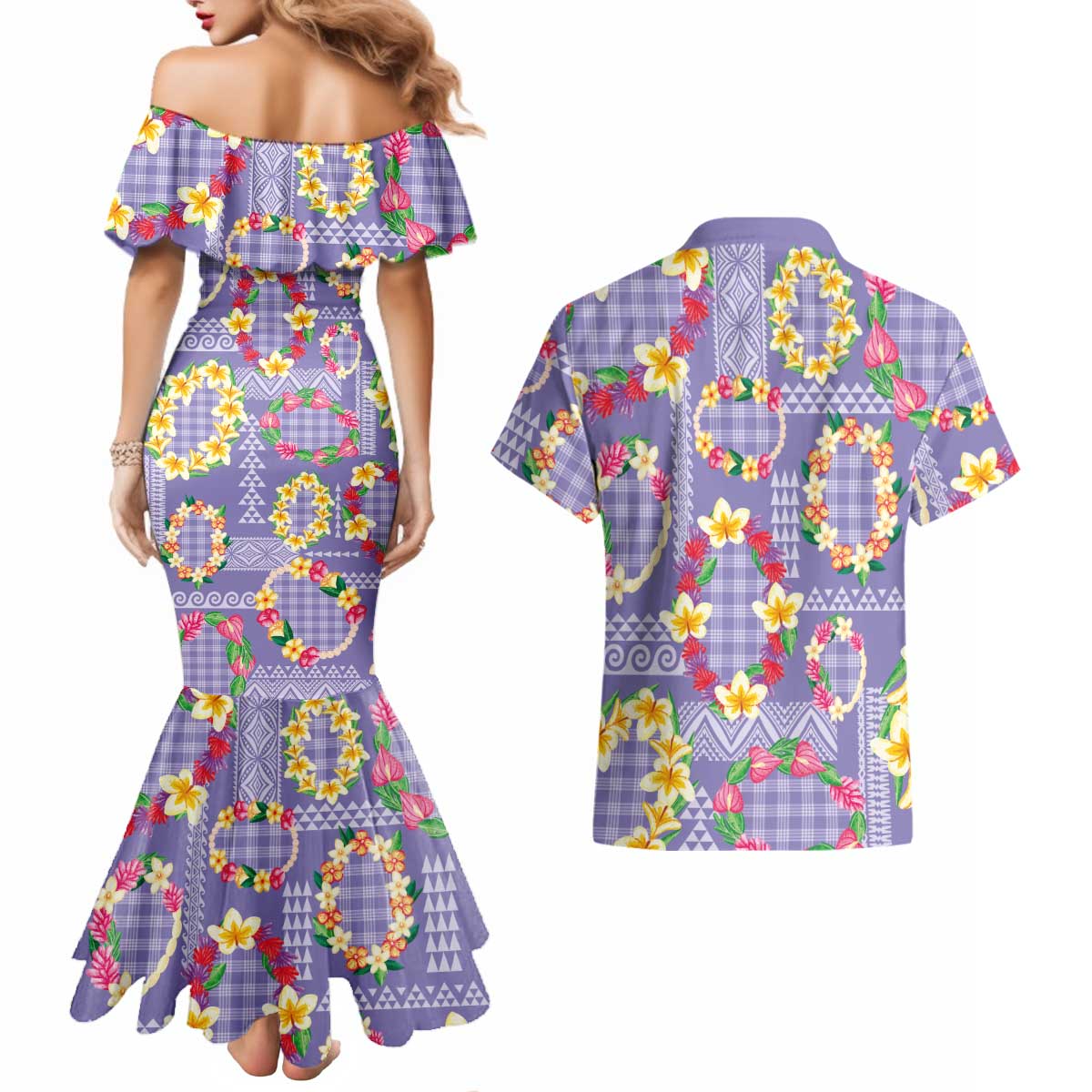 Hawaiian Leis Couples Matching Mermaid Dress and Hawaiian Shirt Kakau Tattoos and Palaka Pastel Purple Color