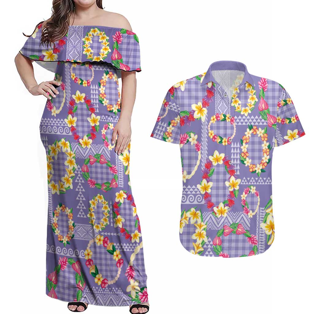 Hawaiian Leis Couples Matching Off Shoulder Maxi Dress and Hawaiian Shirt Kakau Tattoos and Palaka Pastel Purple Color LT03 Purple - Polynesian Pride