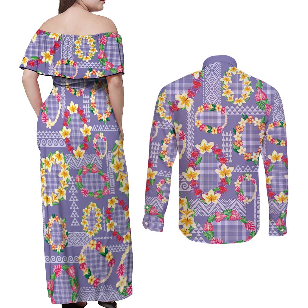 Hawaiian Leis Couples Matching Off Shoulder Maxi Dress and Long Sleeve Button Shirt Kakau Tattoos and Palaka Pastel Purple Color