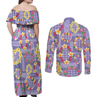 Hawaiian Leis Couples Matching Off Shoulder Maxi Dress and Long Sleeve Button Shirt Kakau Tattoos and Palaka Pastel Purple Color
