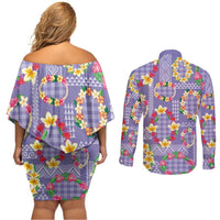 Hawaiian Leis Couples Matching Off Shoulder Short Dress and Long Sleeve Button Shirt Kakau Tattoos and Palaka Pastel Purple Color
