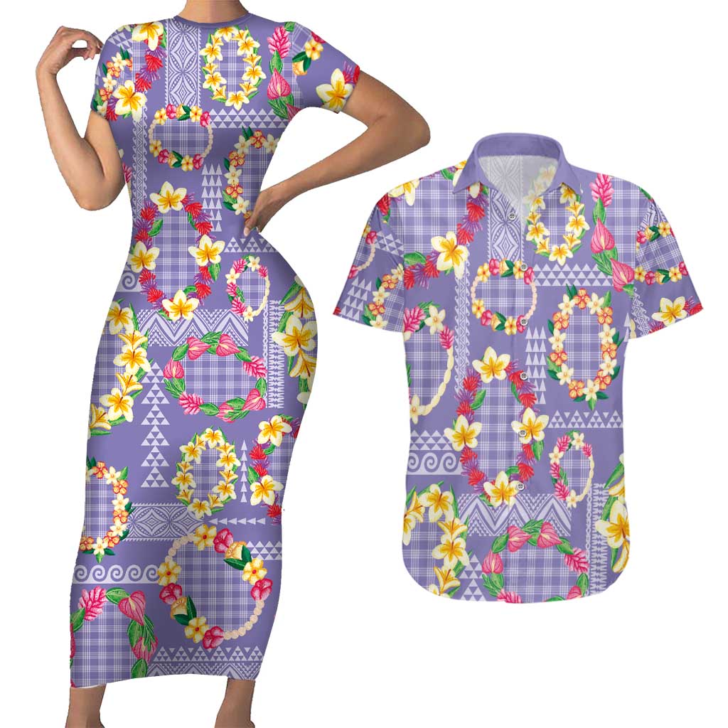 Hawaiian Leis Couples Matching Short Sleeve Bodycon Dress and Hawaiian Shirt Kakau Tattoos and Palaka Pastel Purple Color LT03 Purple - Polynesian Pride