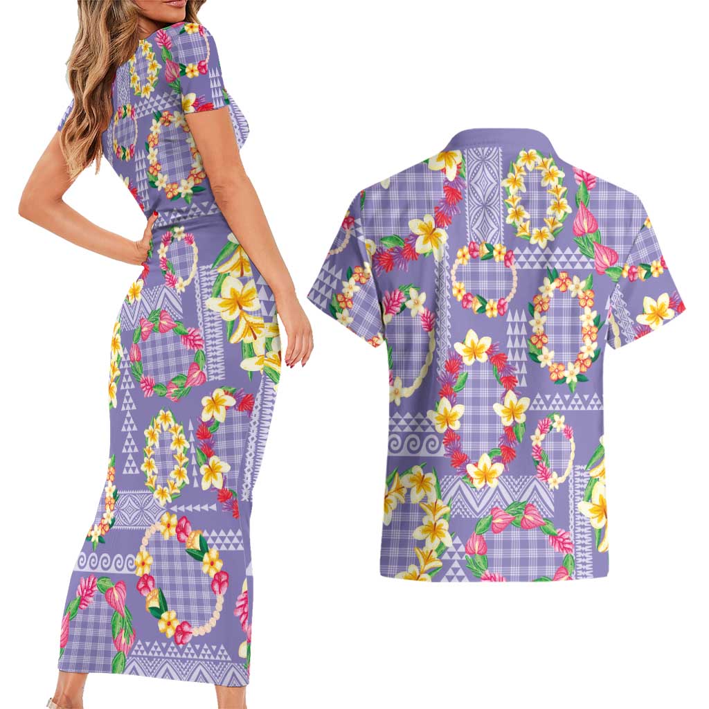 Hawaiian Leis Couples Matching Short Sleeve Bodycon Dress and Hawaiian Shirt Kakau Tattoos and Palaka Pastel Purple Color